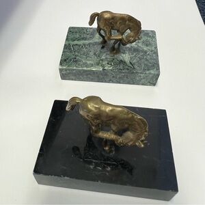 Pair Bronze Foal Horse Sculptures on Green & Black Marble Bases Vintage Figurine